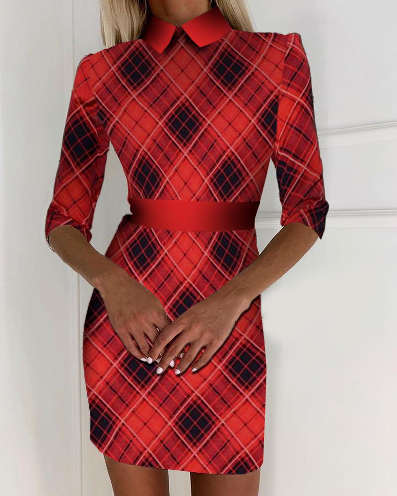 

Plaid Print Half Sleeve Bodycon Dress, Red