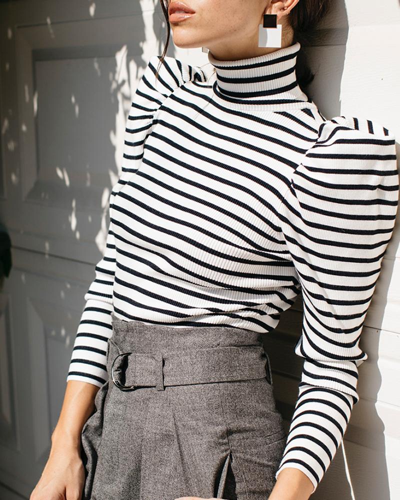 

High Neck Colorblock Striped Puff Sleeve Blouse, Black