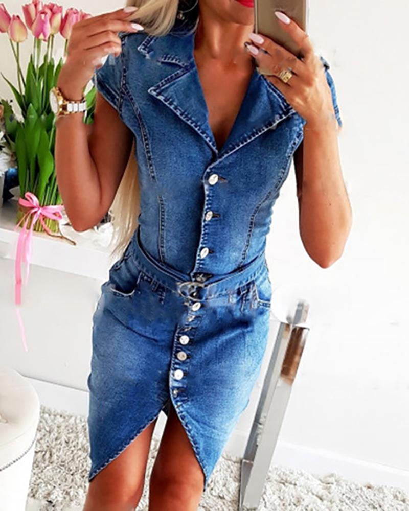 

Short Sleeve Bottoned Design Denim Dress, Blue