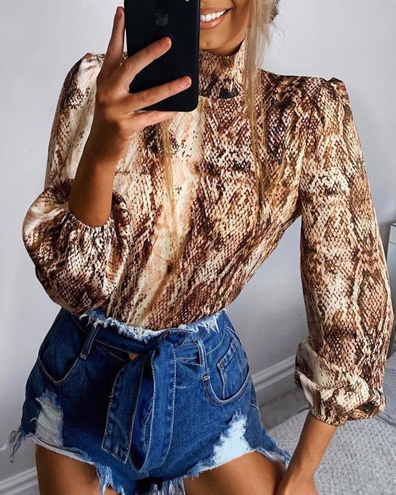 

Snakeskin Mock Neck Backless Blouse
