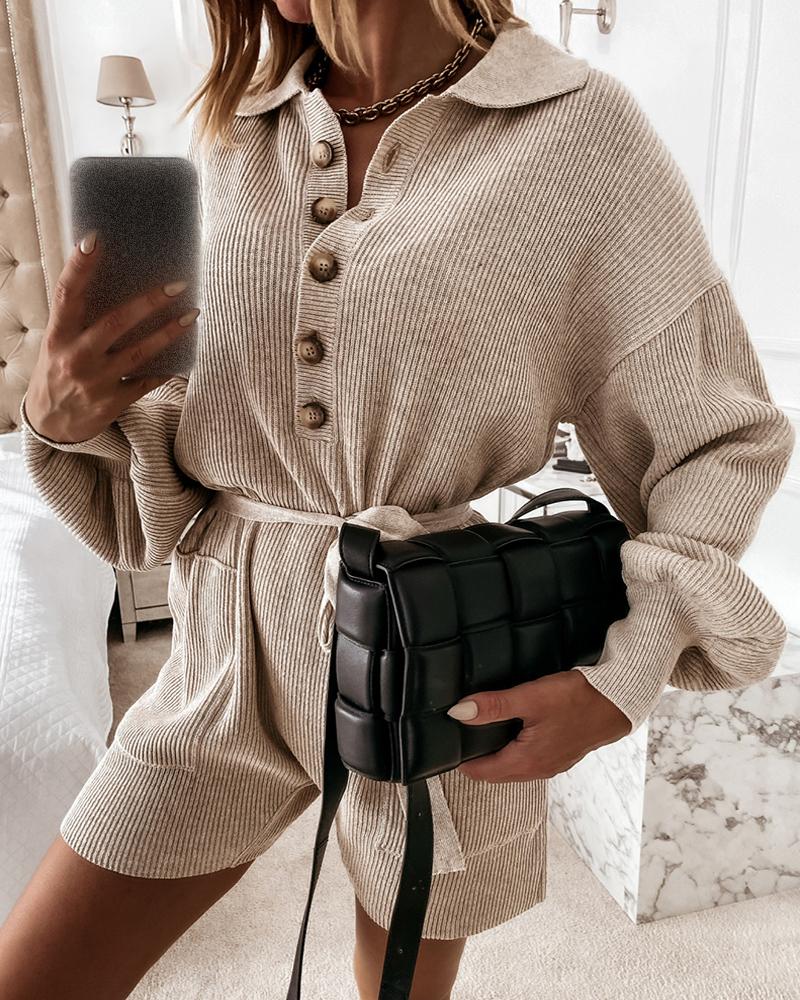 

Knit Button Design Long Sleeve Romper, Apricot