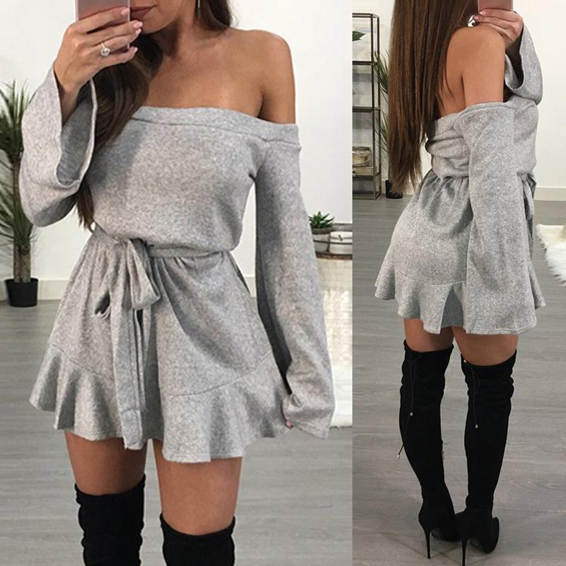 

Self Belted Off Shoulder Frilled Casual Dress, Gray