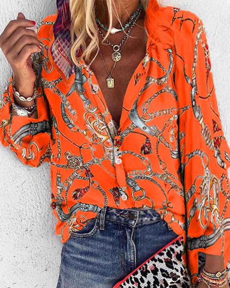 

Chains Print Long Sleeve Blouse, Orange