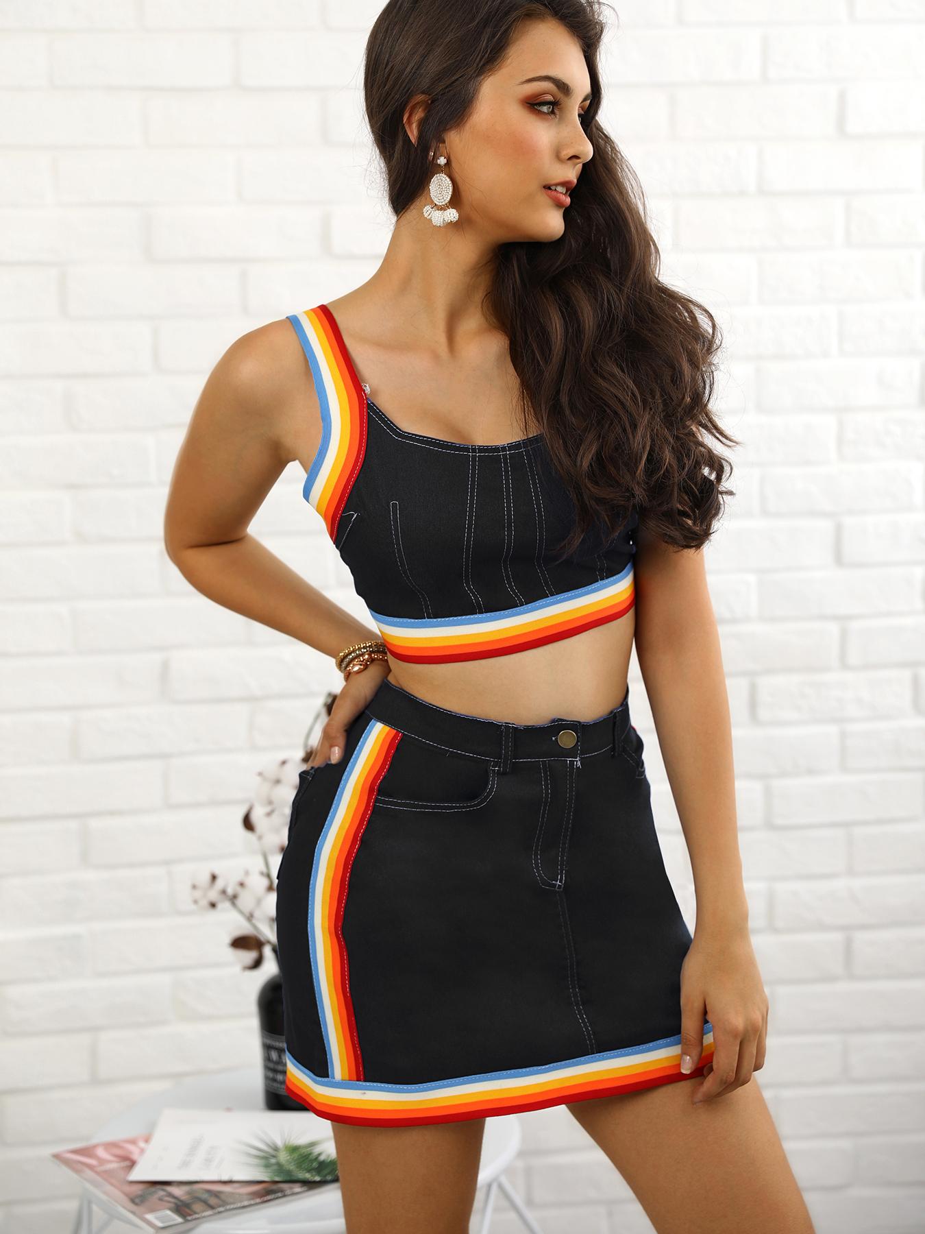 

Colorful Striped Tape Denim Cami Top & Skirt Set