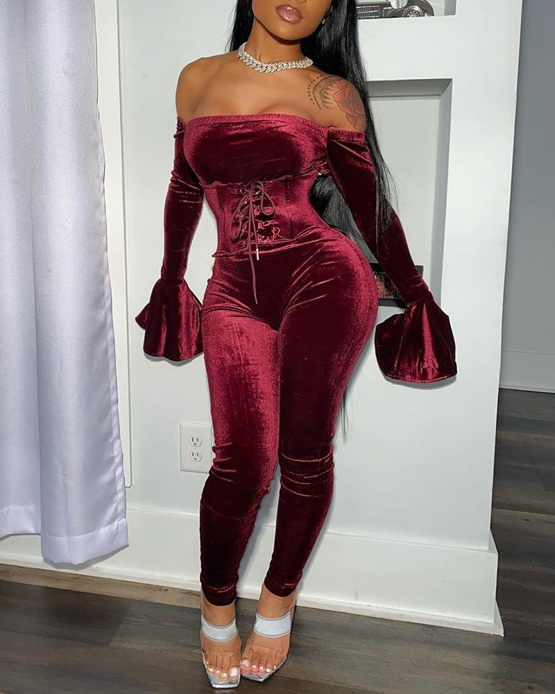 

Velvet Off Shoulder Bell Cuff Jumpsuit, Dark red