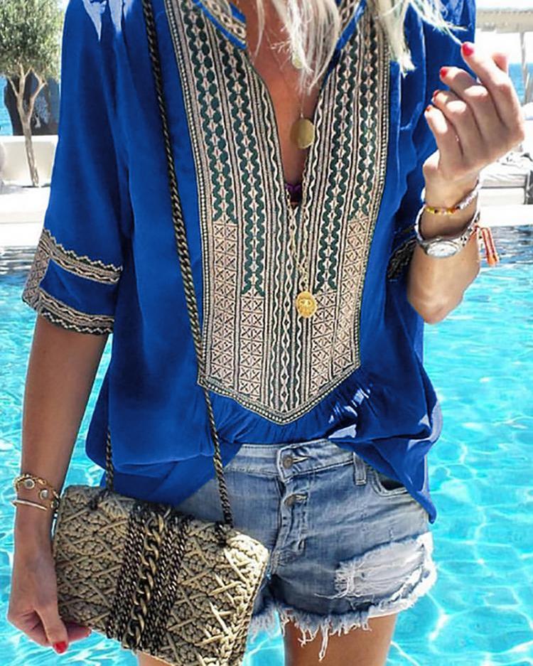 

Ethnic Print Splicing V-Neck Casual Blouse, Blue
