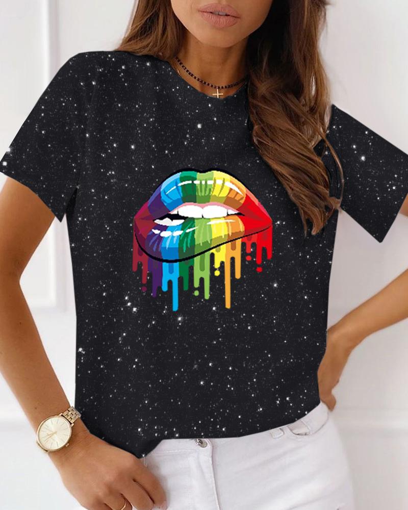 

Short Sleeve Lip Print Casual T-Shirt, Black