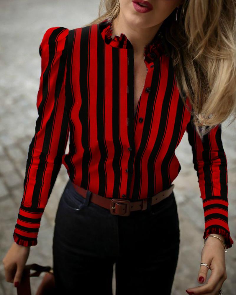 

Colorblock Striped Frill Cuff Buttoned Shirt, Red