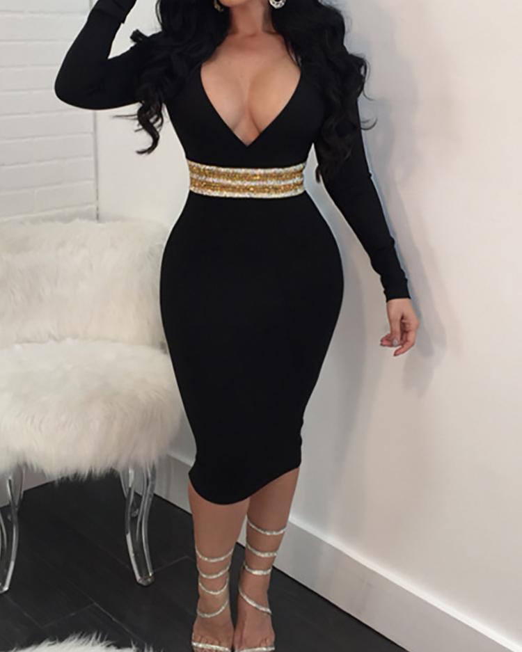 

Deep V Sequined Stripes Detail Bodycon Dress, Black
