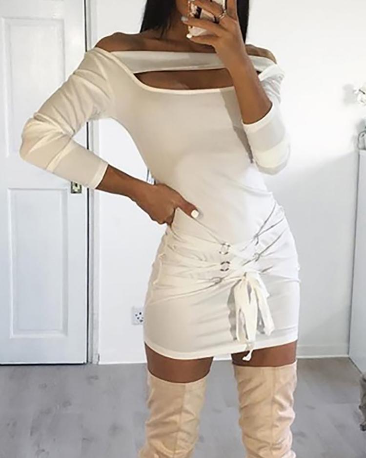 

Off Shoulder Cutout Lace-Up Bodycon Dress, White