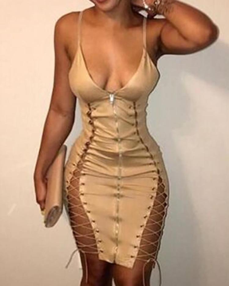 

Spaghetti Strap Zipper Front Lace-up Midi Dress, Khaki