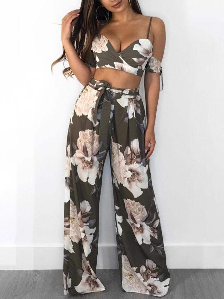 

Floral Cami Top&Wide Leg Pants Set, Coffee