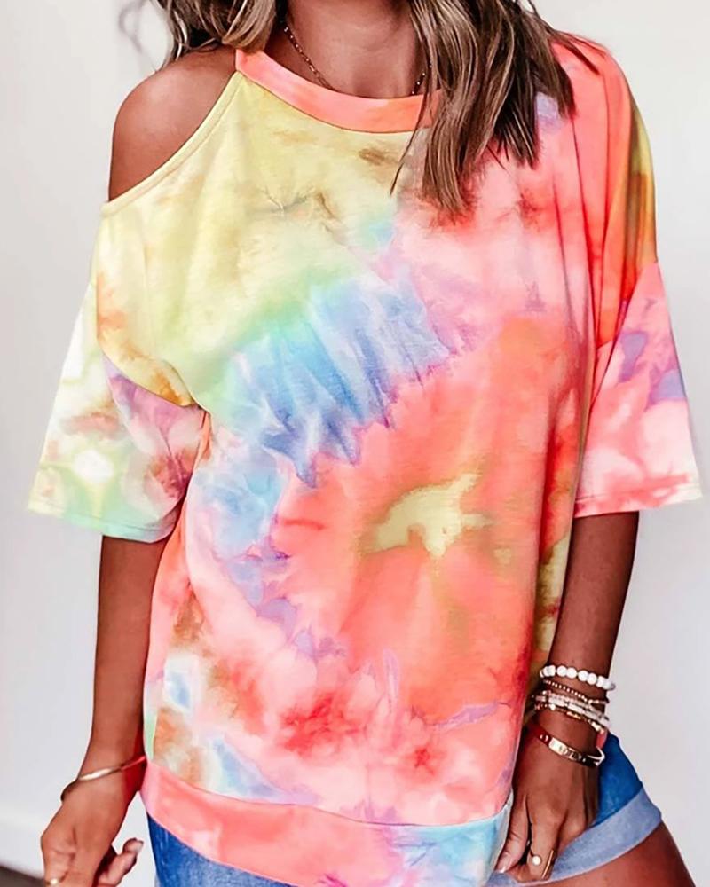 

Cold Shoulder Tie Dye Print Casual T-shirt, Pink