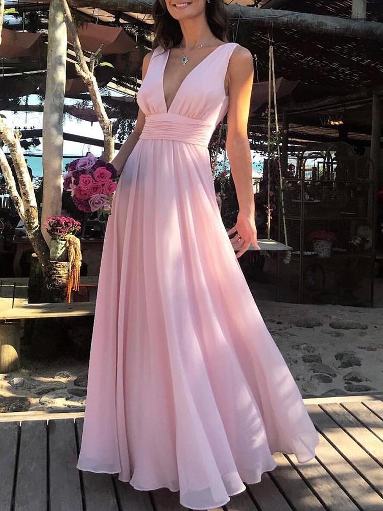 

Deep V Ruched Waist Sleeveless Maxi Dress