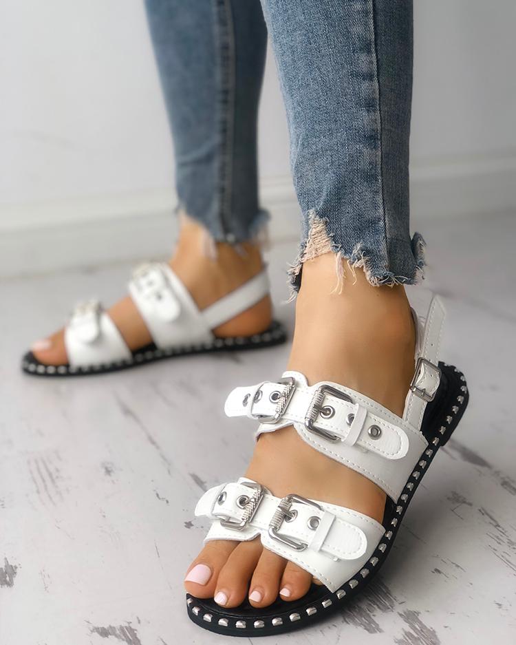 

Double Buckle Design Peep Toe Flat Sandals, White