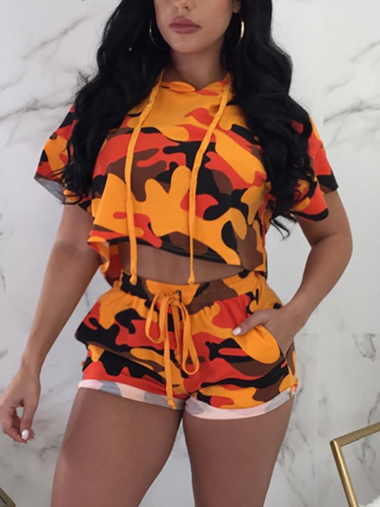 

Camo Print Hooded Cropped Shorts Tracksuits