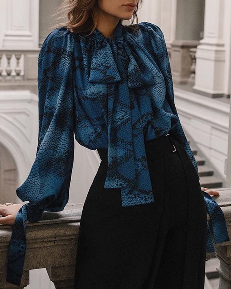 

Snakeskin Lantern Sleeve Bowknot Neck Shirt