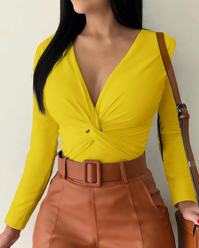 

Solid Long Sleeve Crisscross Casual Blouse, Yellow