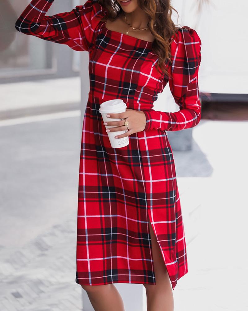 

Puffed Sleeve Slit Plaid Midi Dress, Red