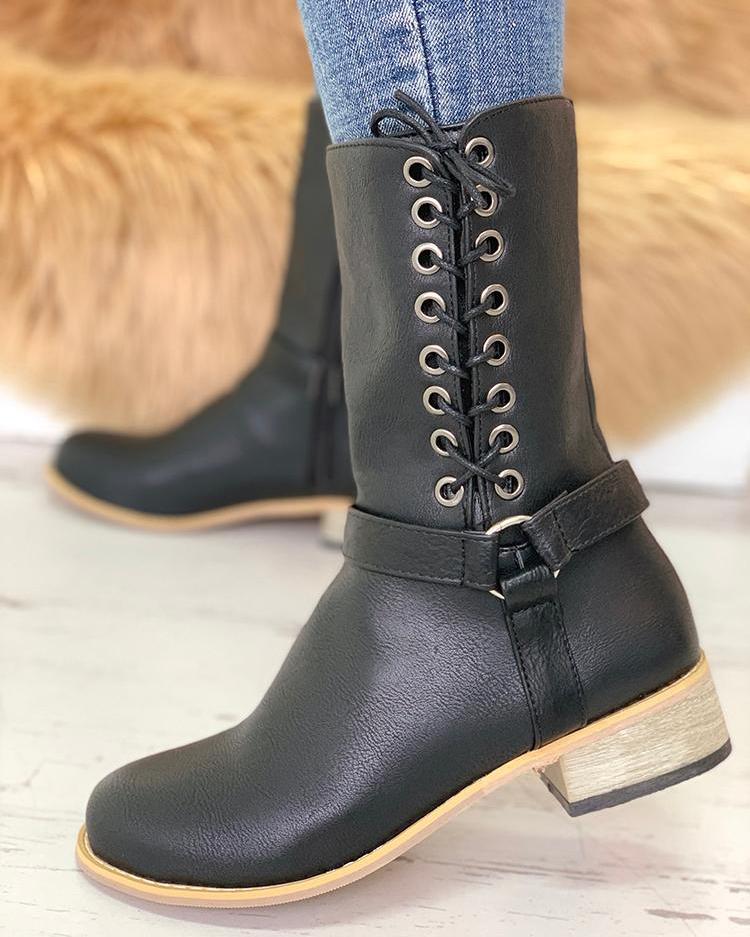 

Eyelet Lace-Up Chunky Heeled PU Boots