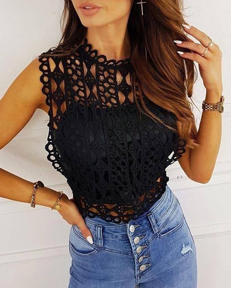 

Cutwork Lace Hollow Out Sleeveless Top, Black