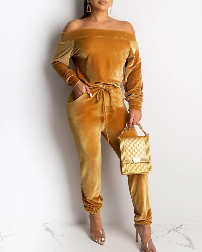 

Solid Off Shoulder Long Sleeve Top & Drawstring Pants Sets, Yellow