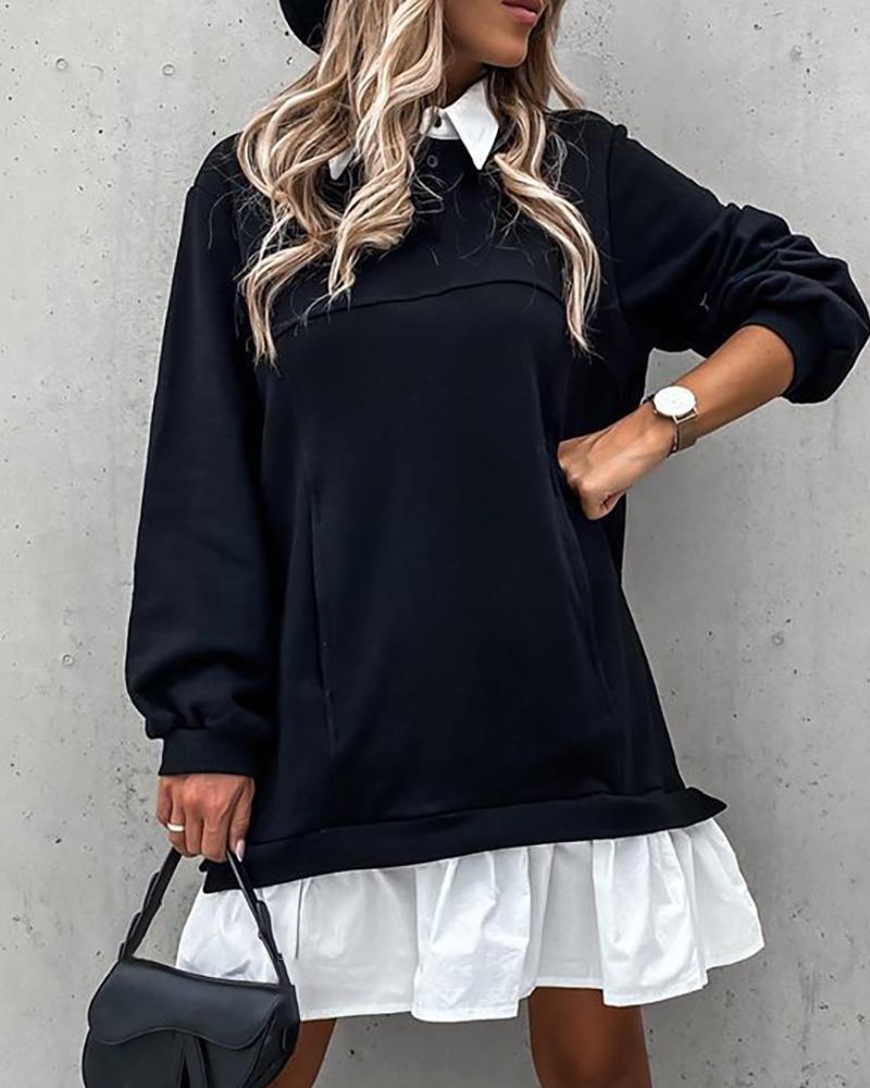 

Colorblock Ruched Long Sleeve Casual Dress, Black