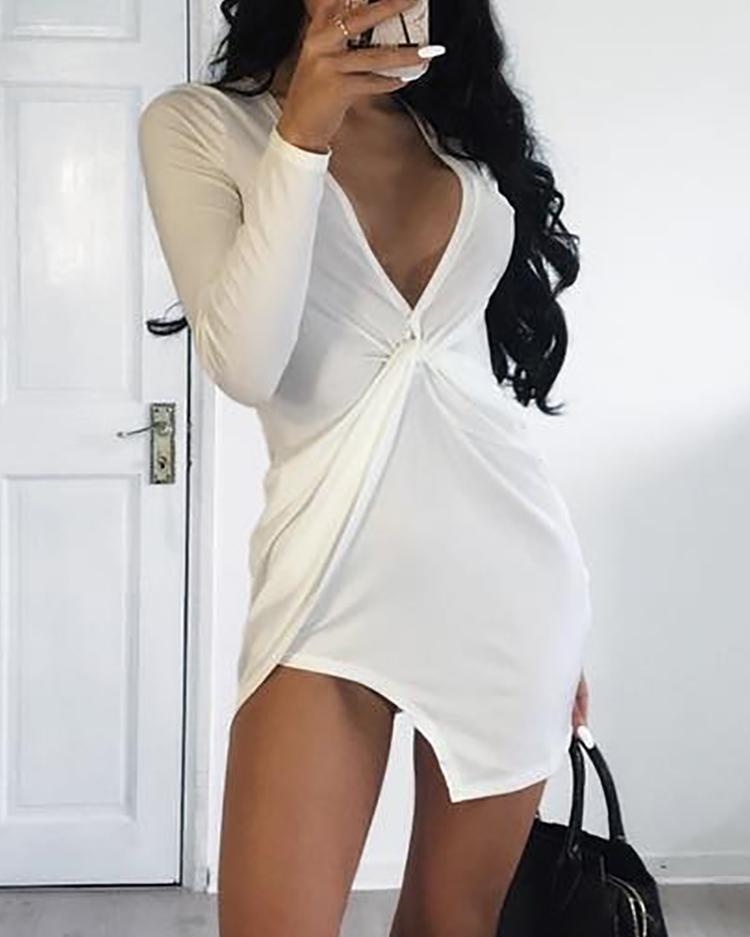 

Solid Twisted Design Long Sleeve Slit Mini Dress, White