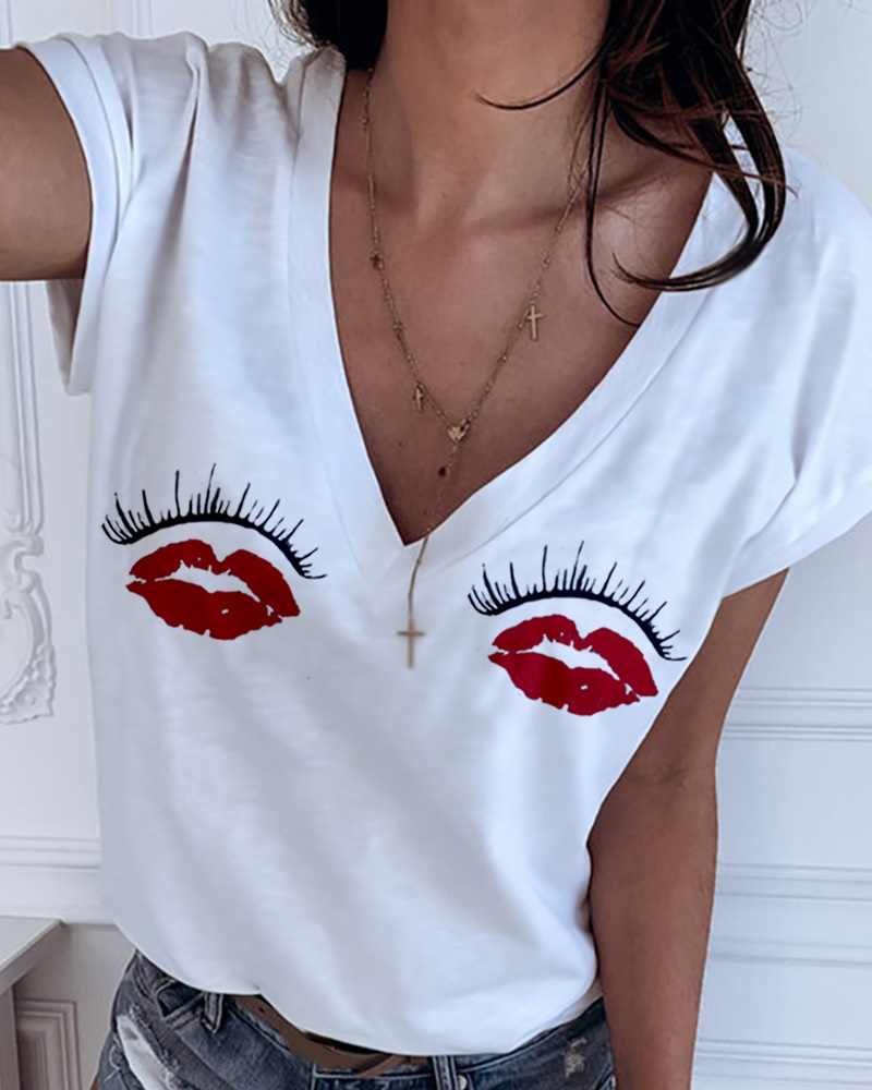 

Eyes Lip Print V-neck Casual T-shirt, White
