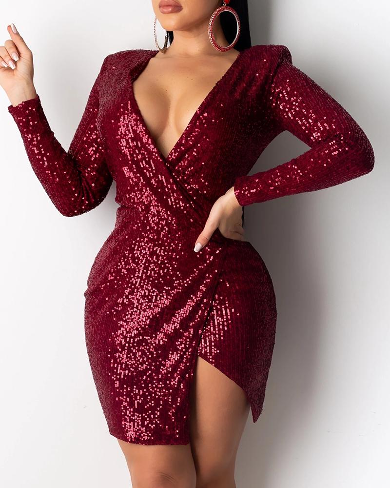 

Glitter Plunge Irregular Sequins Dress, Wine red