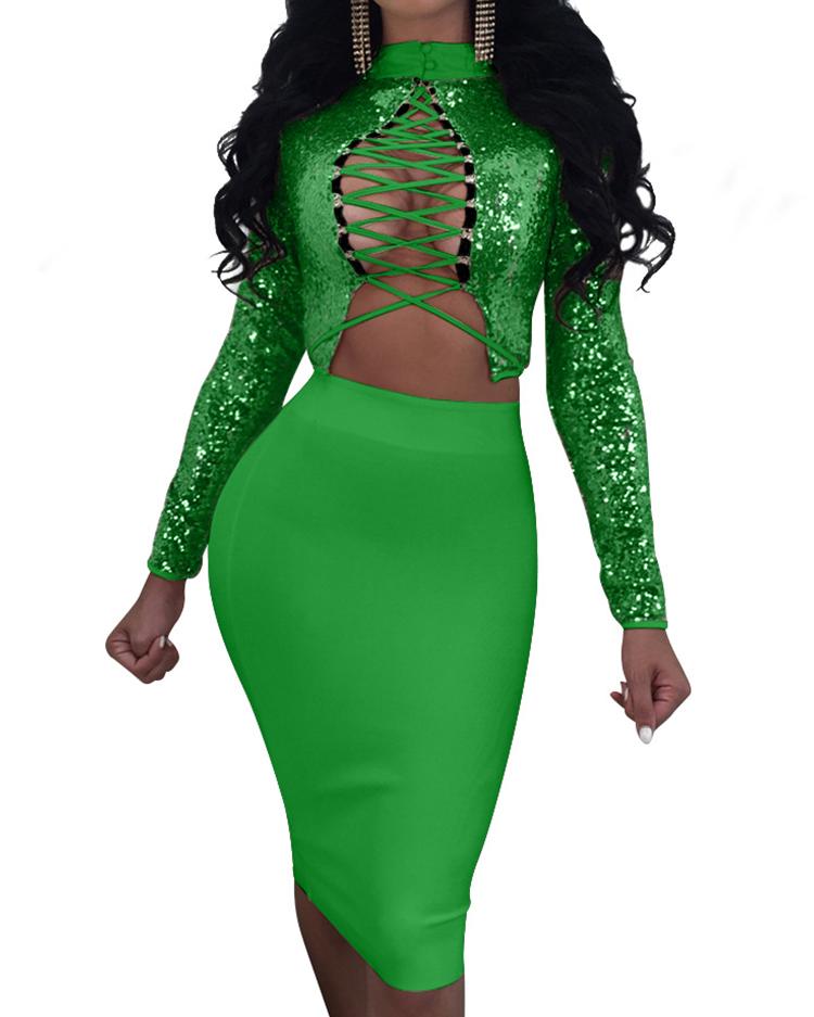 

Reversible Sequins Lace-Up Cropped Two-Pieces Dress, Green