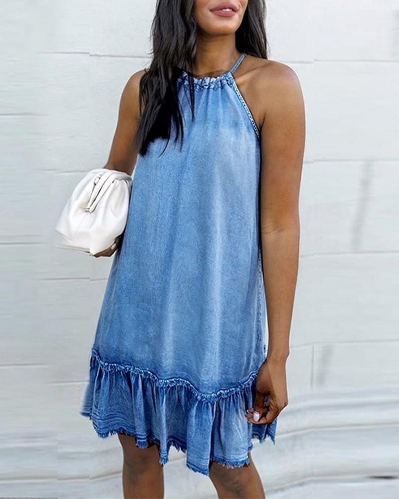 

Ruched Sleeveless Casual Denim Dress, Blue