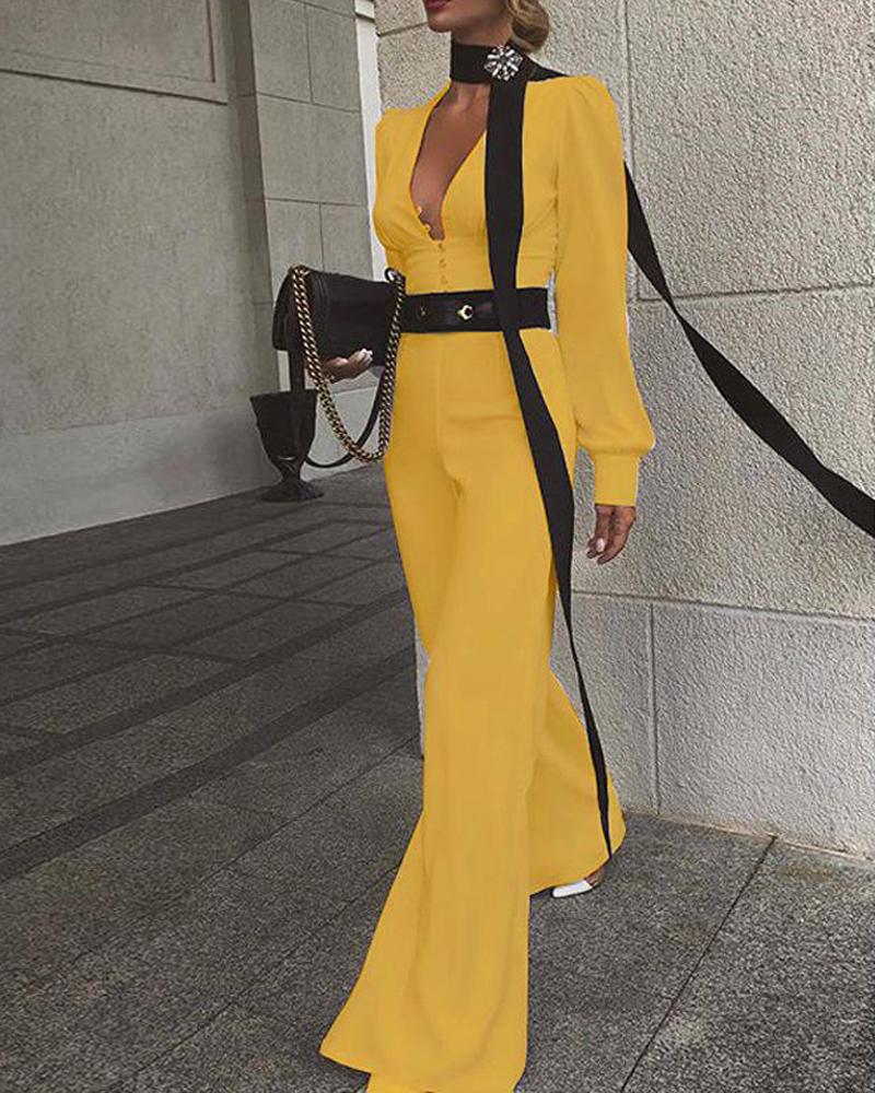

Solid V Neck Flare Jumpsuit, Yellow