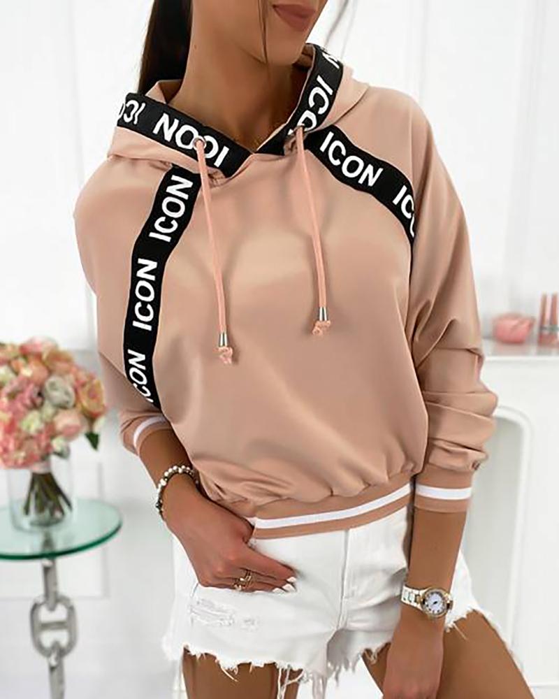

Letter Print Long Sleeve Hooded Sweatshirt, Khaki