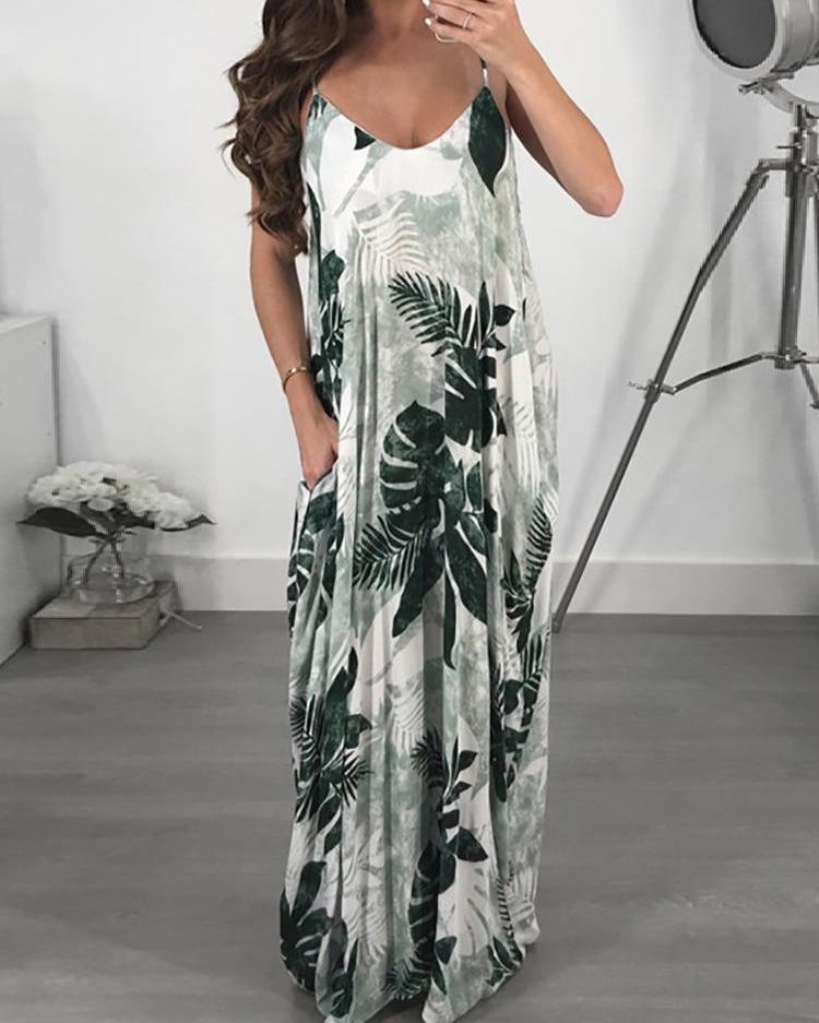 

Printed Double V Neck Casual Maxi Dress, Green