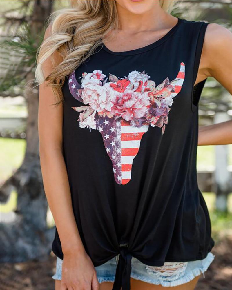 

Print Round Neck Tank Top, Black