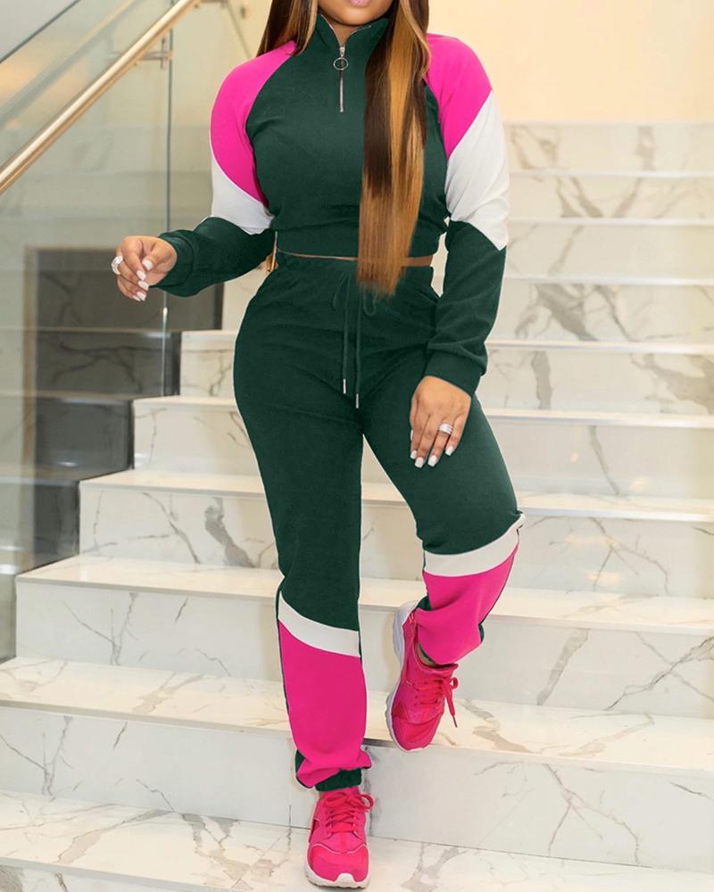 

Colorblock Insert Zipper Design Crop Top & Drawstring Pants Sets, Green