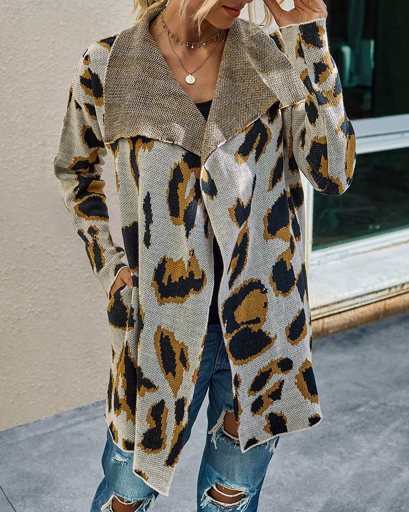 

Cheetah Print Long Sleeve Knitted Coat, Apricot