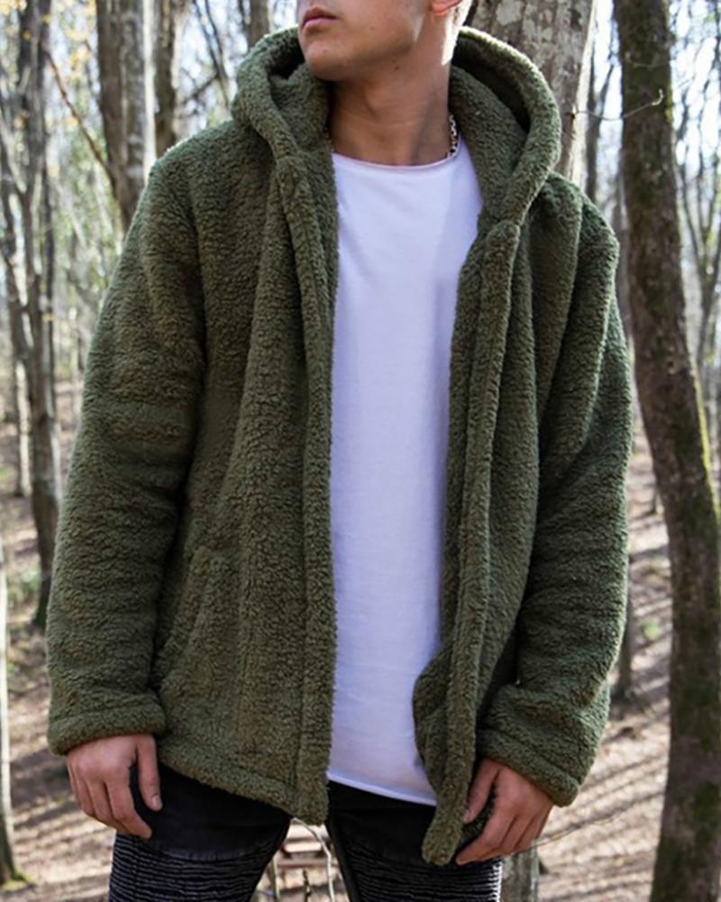 

Men Pocket Design Hooded Teddy Coat, Army green