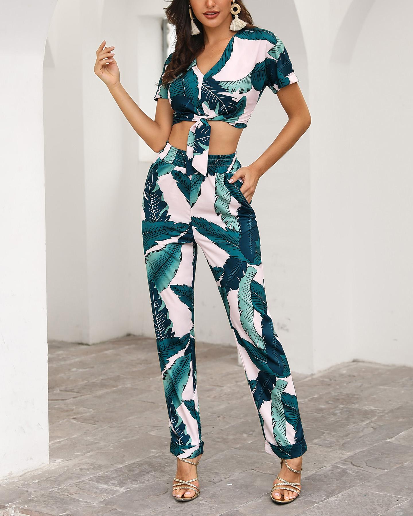 

Tropical Print Knotted Top With Pants Set, Green