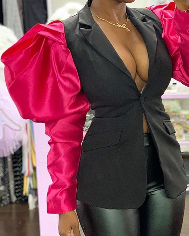 

Colorblock Notched Collar Puff Sleeve Buttoned Blazer, Black