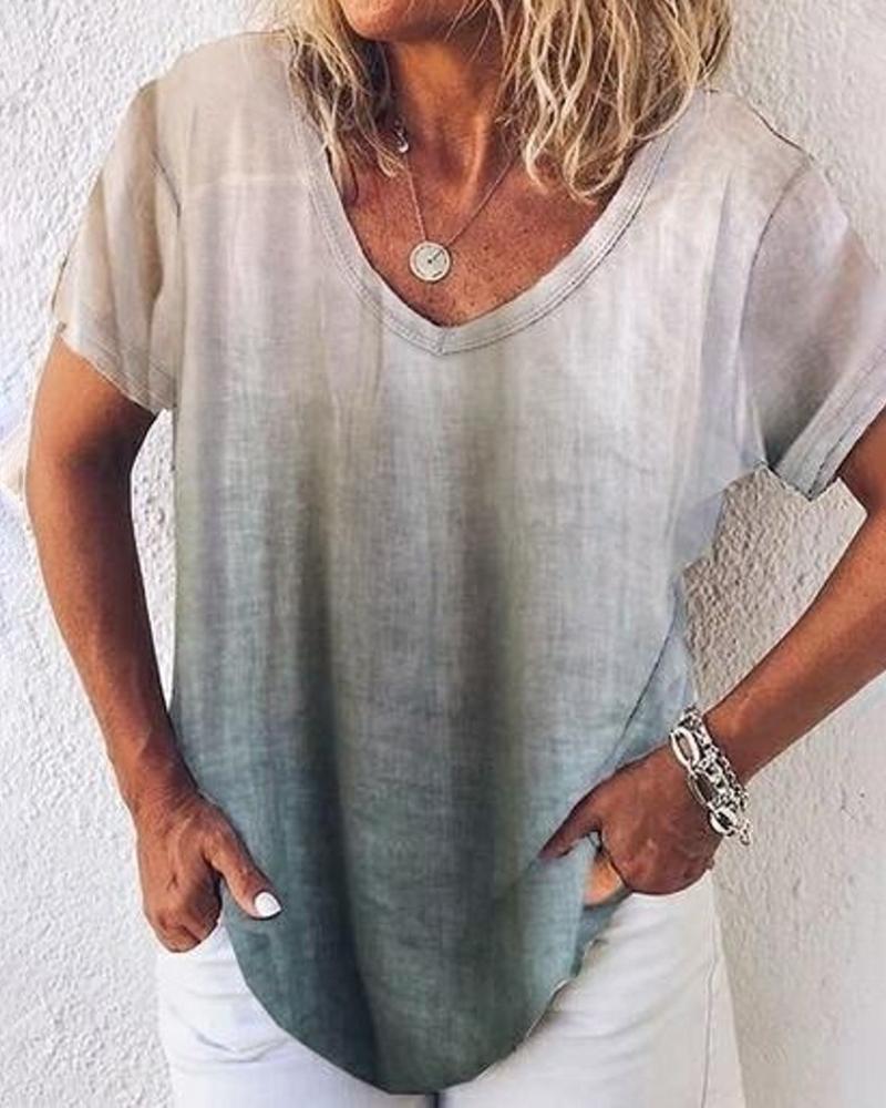 

V-neck Gradient Color Casual T-shirt, Gray