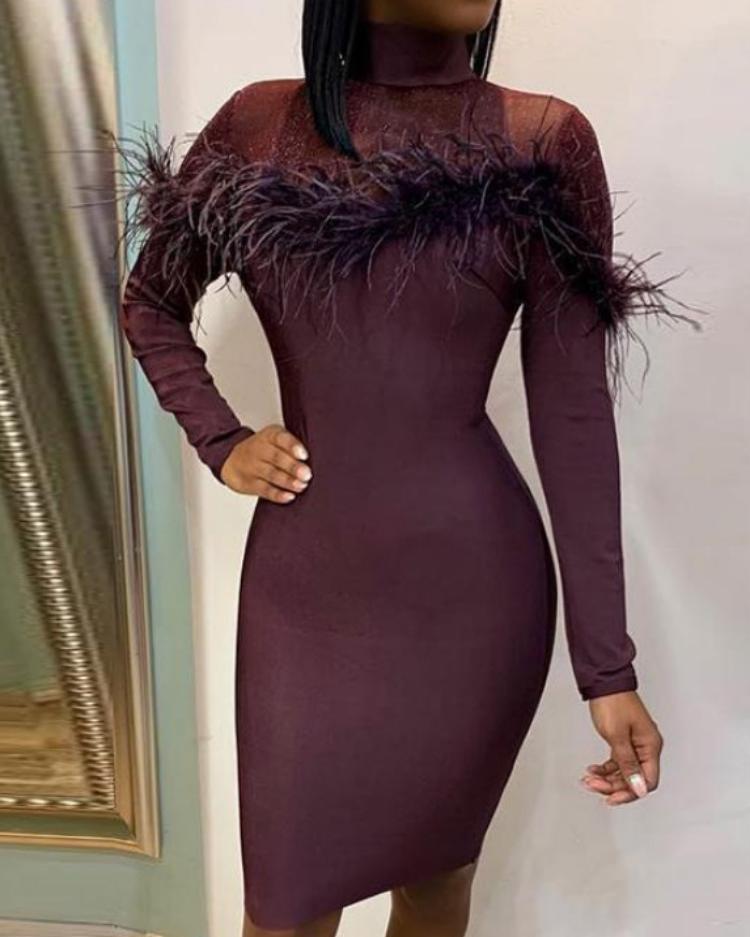 

Feather Embellished Long Sleeve Party Dress, Dark purple