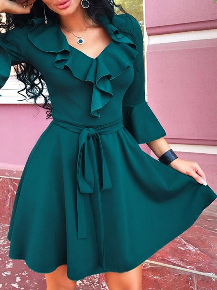 

Bell Sleeve Ruffles Design Casual Dress, Dark green