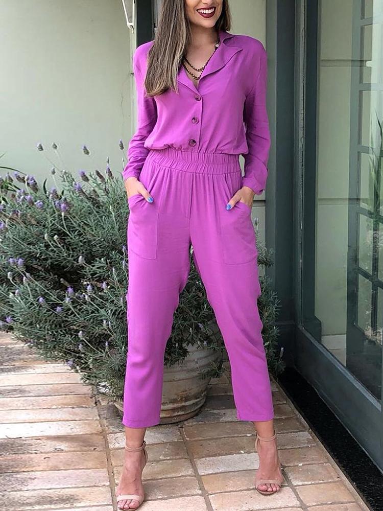 

Solid Long Sleeve Elastic Waist Pocket Jumpsuit