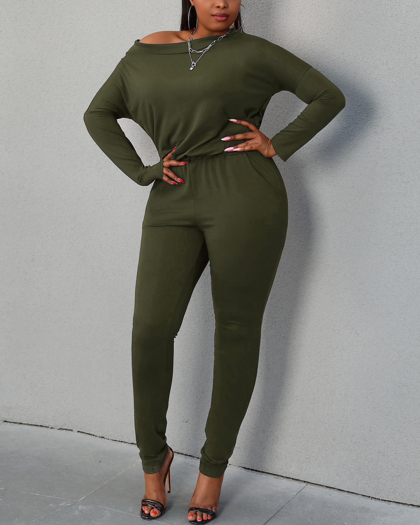 

Plain Long Sleeve Top & Pants Set, Green