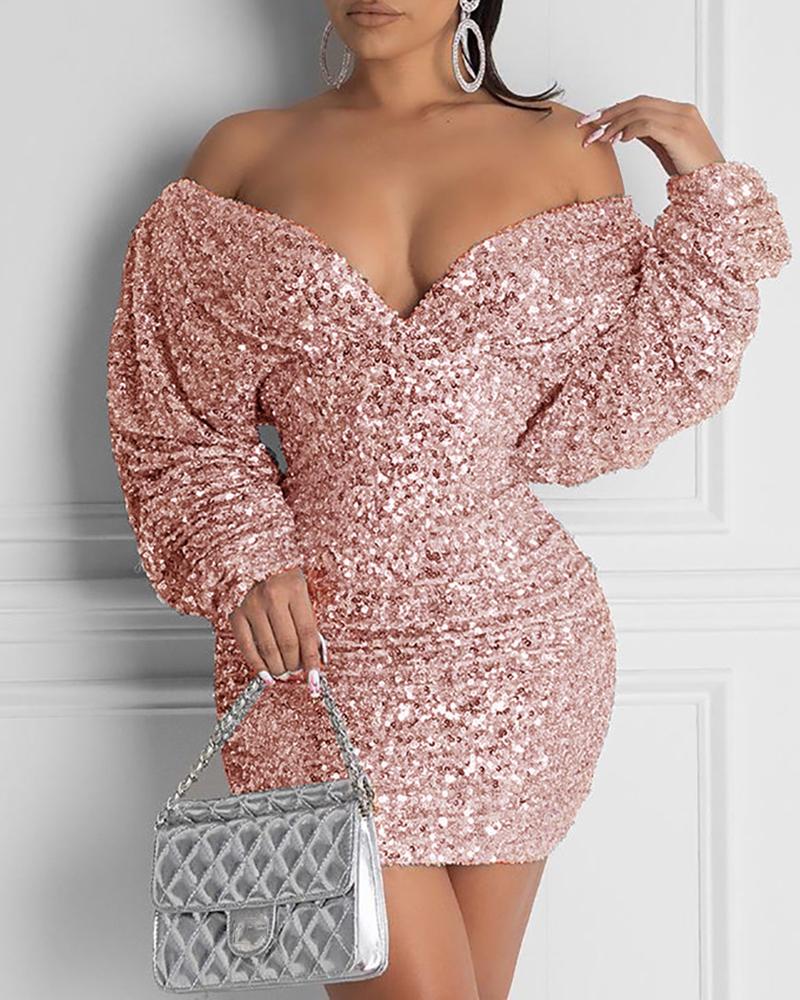 

Glitter Off Shoulder Ruched Sequins Bodycon Dress, Rose gold