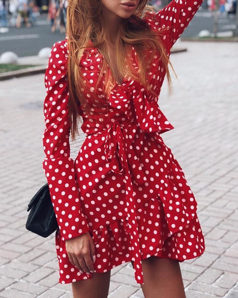

Dot Print Ruffles Design Casual Dress, Red