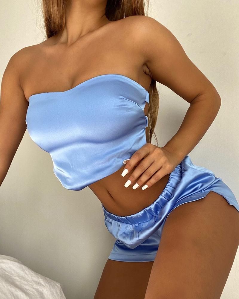 

Bandeau Satin Top & Shorts Set, Blue