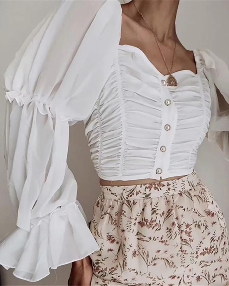 

Sheer Mesh Ruched Bell Sleeve Blouse, White